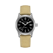 Hamilton Khaki Field Mechanical Watch – Swiss Made, 38mm Stainless Steel Case, Black Dial, Beige Canvas Strap