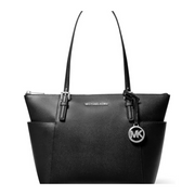 Michael Kors Jet Set Top Zip Tote – Black Leather with Silver-Tone Hardware