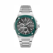 GUESS Silver-Tone Chronograph Watch with Green Bezel & Multifunction Subdials