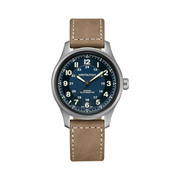 Hamilton Khaki Field Titanium Automatic Watch – Swiss Made, 42mm Titanium Case, Blue Dial, Brown Leather Strap