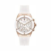 GUESS Ladies Sport Clear Multifunction 39mm Watch – White Silicone Strap, Rose Gold-Tone Accents & Day-Date Display