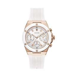 GUESS Ladies Sport Clear Multifunction 39mm Watch – White Silicone Strap, Rose Gold-Tone Accents & Day-Date Display
