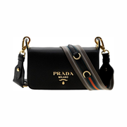 Prada Milano Small Black Leather Crossbody Bag with Web Strap – Designer Shoulder Bag 1BD352