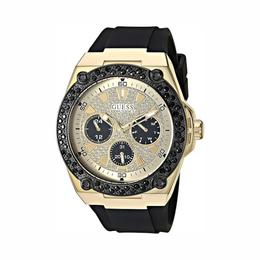 GUESS Men’s Stainless Steel Quartz Watch – Black/Gold Tone, Multifunction Dial, Water Resistant