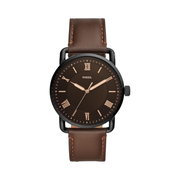 Fossil Copeland Men’s Quartz Watch – Black Sunray Dial, Amber Crystal, Brown Leather Strap