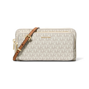 Michael Kors Jet Set Large Continental Crossbody Wallet – Gold-Tone Hardware / MK Signature Coated Twill / Vanilla/Acorn