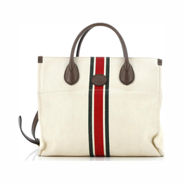 Gucci Pre-Loved Foldable Web Tote – Small Neutral Canvas & Leather