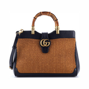 Gucci Pre-Loved Dahlia Bamboo Top Handle Tote – Medium Straw & Leather, Blue