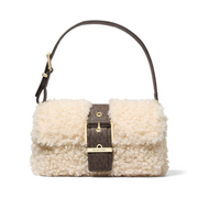 Michael Kors Colby Medium Shoulder Bag – Gold-Tone Hardware / Faux Natural Curly Shearling with Brown MK Signature Trim / Natural Multi