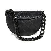 Tory Burch Fleming Mini Crescent Bag – Black Quilted Leather, Chunky Chain Handle, Adjustable Strap