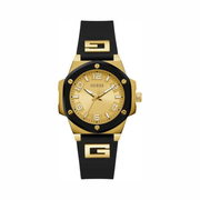 GUESS Ladies 38mm Two-Tone Watch | Black Silicone Strap & Champagne Dial