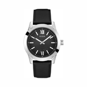GUESS Men’s 44mm Silver-Tone Watch | Black Leather Strap & Analog Dial | Classic Quartz Timepiece