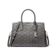 Michael Kors Laila Medium Satchel – Nickel-Tone Hardware / MK Debossed Burnished Logo Leather / Storm