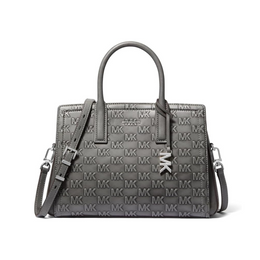 Michael Kors Laila Medium Satchel – Nickel-Tone Hardware / MK Debossed Burnished Logo Leather / Storm
