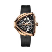 Hamilton Ventura Elvis80 Skeleton Automatic Watch – Swiss Made, 42.5x44.6mm Rose PVD Stainless Steel Case, Black Dial, Black Rubber Strap