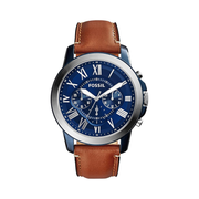 Fossil Grant Men’s Chronograph Watch – Blue Sunray Dial, Stainless Steel Case, Brown Leather Strap, 44mm