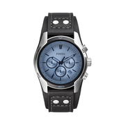 Fossil Coachman Men’s Chronograph Watch – Silver Dial, Black Leather Strap, Stainless Steel Case