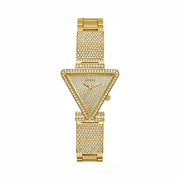 GUESS Gold-Tone Crystal Triangle Analog Watch – 34mm Champagne Dial with Polished Stainless Steel Mesh Bracelet