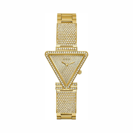GUESS Gold-Tone Crystal Triangle Analog Watch – 34mm Champagne Dial with Polished Stainless Steel Mesh Bracelet