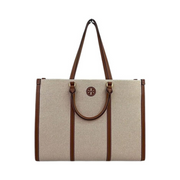 Tory Burch Blake Canvas Jumbo Tote – Natural Classic Cuoio, Canvas & Leather Trim, Gold Hardware, Dual Top Handles
