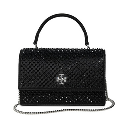 Tory Burch Kira Satin Embellished Mini Top Handle Wallet on Chain – Black Rhinestone Accent, Silver Hardware