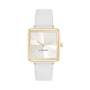Nine West Women’s White Faux Leather Strap Watch – Silver Textured Dial, Gold-Tone Hands, Quartz Movement
