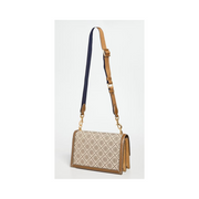 Tory Burch T Monogram Jacquard Shoulder Bag – Elegant Hazel Tan Graphic Design with Leather & Suede Accents