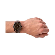 Fossil Copeland Men’s Quartz Watch – Black Sunray Dial, Amber Crystal, Brown Leather Strap