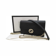 Gucci 615523 Women’s Shoulder Bag – Black Calfskin Leather with Interlocking GG and Chain Strap