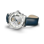 Hamilton Jazzmaster Open Heart Automatic Watch – Swiss Made, 40mm Stainless Steel Case, Silver Dial, Blue Leather Strap