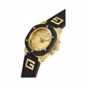GUESS Ladies 38mm Two-Tone Watch | Black Silicone Strap & Champagne Dial