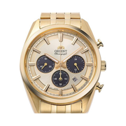 Orient Stretto Solar Chronograph Men’s Watch – Champagne Dial, Gold-Tone Strap, Sapphire Crystal