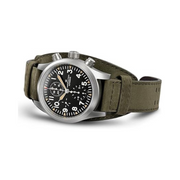 Hamilton Khaki Field Auto Chronograph – Swiss Made, 44mm Stainless Steel Case, Black Dial, Green Leather Strap