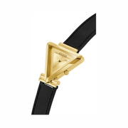 GUESS Ladies 34mm Watch – Gold-Tone Case, Champagne Dial, and Black Strap