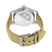 Hamilton Khaki Field Mechanical Watch – Swiss Made, 38mm Stainless Steel Case, Black Dial, Beige Canvas Strap