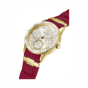 GUESS Women’s Gold-Tone Red Silicone Watch | 38mm Multifunction White Dial | Stain-Resistant Strap & Quartz Analog Movement