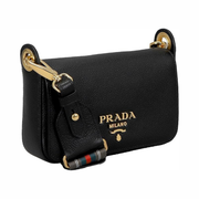 Prada Milano Small Black Leather Crossbody Bag with Web Strap – Designer Shoulder Bag 1BD352