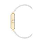 Nine West Women’s White Faux Leather Strap Watch – Silver Textured Dial, Gold-Tone Hands, Quartz Movement