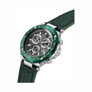 GUESS Gc Green Leather Chronograph Watch – Swiss Made Silver-Tone Case with Crocodile Pattern Strap