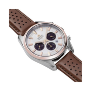 Orient Stretto Solar Chronograph Men’s Watch – White Dial, Brown Leather Strap, 100M Water Resistant