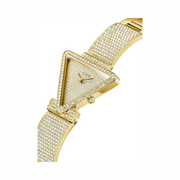 GUESS Gold-Tone Crystal Triangle Analog Watch – 34mm Champagne Dial with Polished Stainless Steel Mesh Bracelet