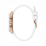 GUESS Ladies Sport Clear Multifunction 39mm Watch – White Silicone Strap, Rose Gold-Tone Accents & Day-Date Display