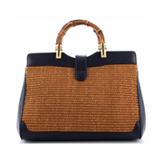 Gucci Pre-Loved Dahlia Bamboo Top Handle Tote – Medium Straw & Leather, Blue