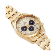 Orient Stretto Solar Chronograph Men’s Watch – Champagne Dial, Gold-Tone Strap, Sapphire Crystal