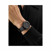 GUESS Black Leather Analog Watch – 44mm Case, Diamond-Pattern Dial, Genuine Leather Strap