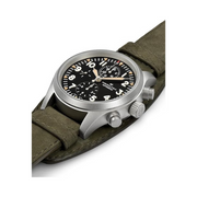Hamilton Khaki Field Auto Chronograph – Swiss Made, 44mm Stainless Steel Case, Black Dial, Green Leather Strap