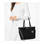 Michael Kors Jet Set Top Zip Tote – Black Leather with Silver-Tone Hardware