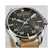Hamilton Khaki Aviation Day Date Automatic Watch – Swiss Made, 42mm Stainless Steel Case, Black Dial, Brown Leather Strap