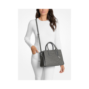 Michael Kors Laila Medium Satchel – Nickel-Tone Hardware / MK Debossed Burnished Logo Leather / Storm