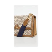 Tory Burch T Monogram Jacquard Shoulder Bag – Elegant Hazel Tan Graphic Design with Leather & Suede Accents